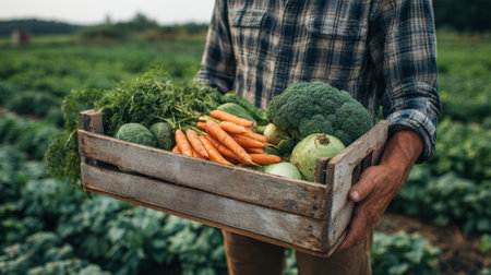 Freshly harvested vegetables in a rustic crate held by a farmer in an open field during daytimeの素材