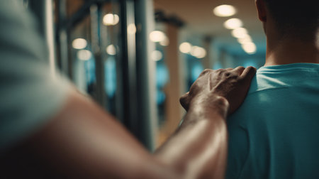 Personal trainer assisting a client in a gym during a workout session in the eveningの素材