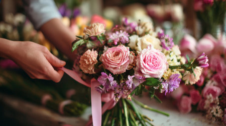 Florist arranging a beautiful bouquet of pink and purple flowers in a shop during daylight hoursの素材
