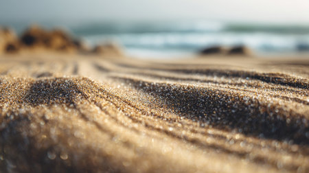Calm beach scenery with detailed sand texture and tranquil ocean waves in the background during a sunny dayの素材