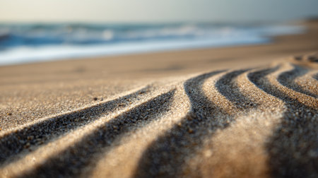 Soft waves of sand create intricate patterns along the shoreline at sunset by the oceanの素材