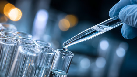 Precision pouring of liquid from a pipette into test tubes in a laboratory setting during an experimentの素材