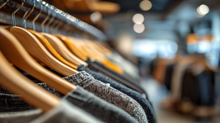 Stylish clothes hanging on wooden hangers in a modern boutique during daylight hoursの素材