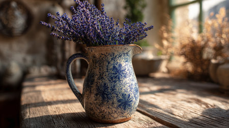 Decorative pottery jug filled with lavender flowers on rustic wooden table by window in warm sunlightの素材