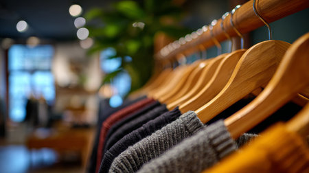 Clothes on wooden hangers displayed in a well-lit boutique showcasing new autumn fashion trendsの素材