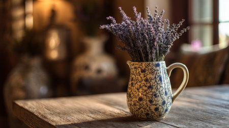 Lavender bouquet in a rustic pitcher on a wooden table in a cozy interior setting during soft afternoon lightの素材
