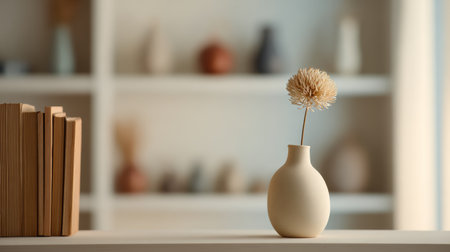 Soft light illuminates a minimalist vase with a dried flower on a shelf filled with books and decorative objectsの素材