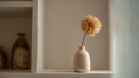 Decorative dried flower arrangement in minimalist home setting on a light shelfの素材