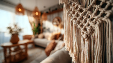 Cozy interior with macrame detail showcasing a warm living space decorated for relaxation and comfort in natural lightの素材