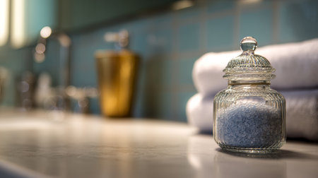 Decorative glass jar filled with bath salts next to rolled towels in a serene bathroom settingの素材