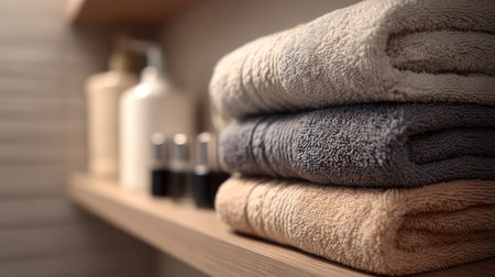 Cozy bathroom towels neatly arranged on a wooden shelf near spa products in a serene environmentの素材