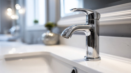 Modern chrome faucet in stylish bathroom with natural lighting and elegant decorの素材