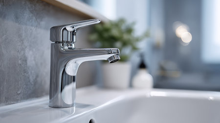 Modern faucet design enhances bathroom aesthetic with sleek lines and shiny finish during daylightの素材