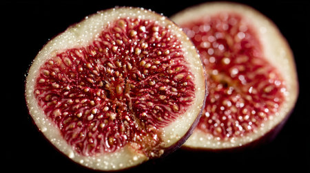 Freshly cut fig showcasing intricate texture and rich color in natural light during a vibrant summer afternoonの素材