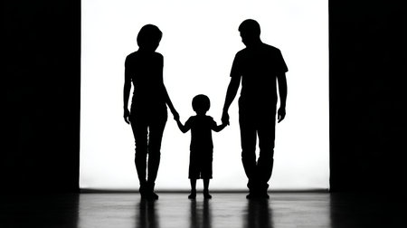 Silhouette of a child with mom and dad holding hands in a black and white setting on a bright backgroundの素材