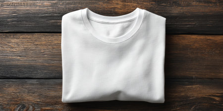 Folded white t-shirt displayed on dark wood surface with textured paint background for a simple and elegant mockup presentationの素材