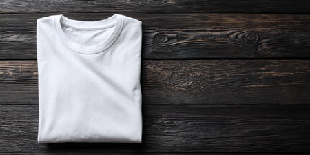 Folded white t-shirt on dark wooden surface with textured background showcasing minimalist designの素材