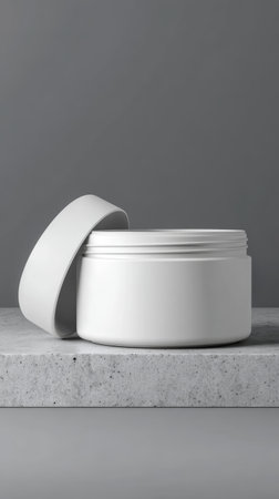 Minimalist white cosmetic jar mockup on concrete surface highlighting sleek design and modern aestheticsの素材