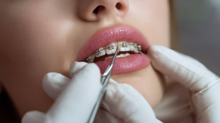Dental professional adjusting braces on a young womans teeth at an orthodontic clinic during a routine appointmentの素材