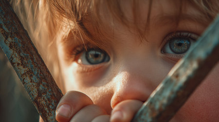 Captivating gaze of a child peering through rusty bars during golden hourの素材