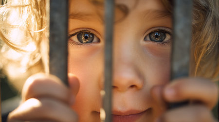 Young child peering through metal bars with curious gaze in a sunlit parkの素材