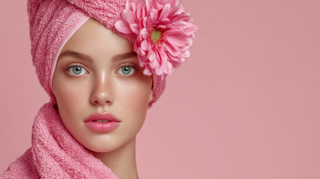 Woman with pink towel and flower on head posing against pink backgroundの素材