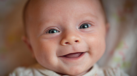 Joyful baby with bright blue eyes smiling in cozy setting during a warm afternoonの素材