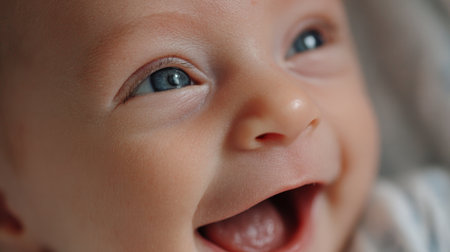 Baby with bright blue eyes and an infectious smile enjoying happy moments in a cozy settingの素材
