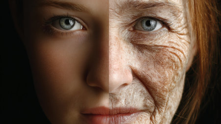 Contrast of youth and age shown through a split portrait of a young woman and an elderly woman highlighting facial featuresの素材