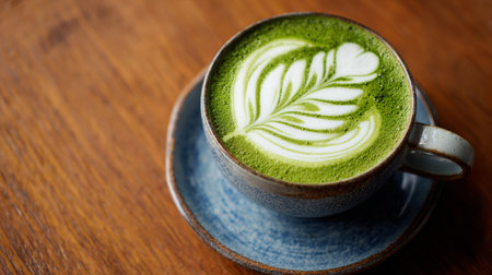 Enjoying a beautifully crafted matcha latte with intricate leaf art on a wooden table in a cozy cafe settingの素材