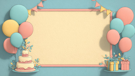 Celebration backdrop featuring balloons, cake, gifts, and decorative elements for special events or partiesの素材