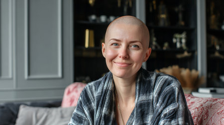 Woman with shaved head smiles warmly while sitting in a cozy living room decorated with modern furnishings in the afternoon lightの素材