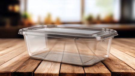 Clear plastic container sitting on a wooden table in a bright kitchen during daylight hoursの素材
