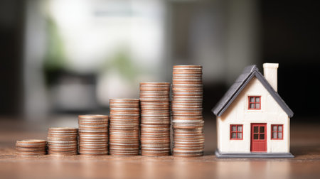 House model beside stacks of coins illustrating financial growth in real estate investment strategyの素材