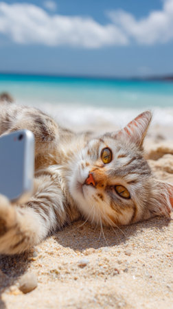 Cat relaxing on beach sand taking a selfie with smartphone by the turquoise ocean waterの素材