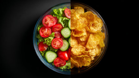 Fresh salad with cherry tomatoes and cucumbers paired with crunchy potato chips on a dark backgroundの素材