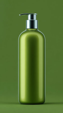 Green glass bottle with pump lid against a solid green background for cosmetic or skincare productsの素材