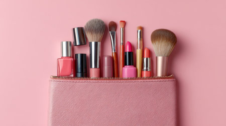 Makeup tools and cosmetics arranged in a pink cosmetic pouch on a pastel backgroundの素材