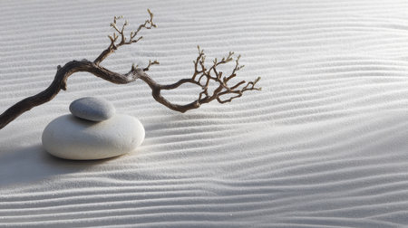 Calm zen garden with stones and a branch in raked sand during daylightの素材