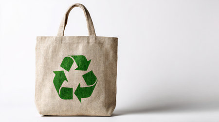 Eco-friendly reusable bag with recycling symbol on a neutral background promoting sustainable living choicesの素材