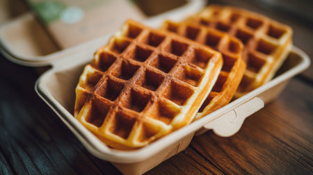 Delicious homemade waffles served in a natural fiber container on a wooden tableの素材