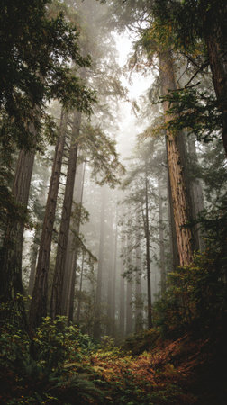Misty forest with towering trees and soft sunlight filtering through foliage in early morningの素材