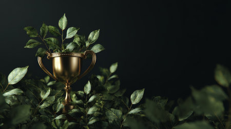 Golden trophy surrounded by lush green plants symbolizes victory and growth in a serene, dark settingの素材