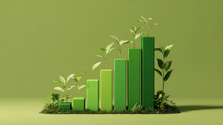 Green growth chart with plants representing progress in sustainability and environmental awarenessの素材
