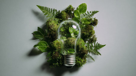 Light bulb surrounded by lush greenery and moss illustrating eco-friendly concepts and sustainabilityの素材