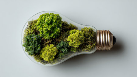 Eco-friendly light bulb filled with vibrant greenery and moss showcasing sustainable design conceptsの素材