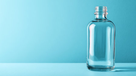Clear glass bottle on a light blue background, showcasing simplicity and elegance with a hint of modern designの素材