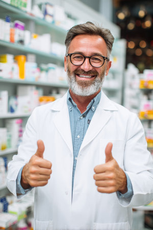 Friendly pharmacist giving thumbs up in a modern pharmacy, showcasing a welcoming atmosphere for customersの素材