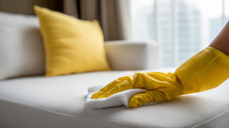 Cleaning a sofa with a yellow glove in a modern living room during the daytimeの素材