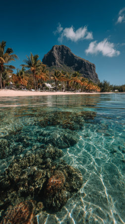 Clear turquoise water reveals coral formations in a tranquil lagoon near a mountain on a sunny dayの素材